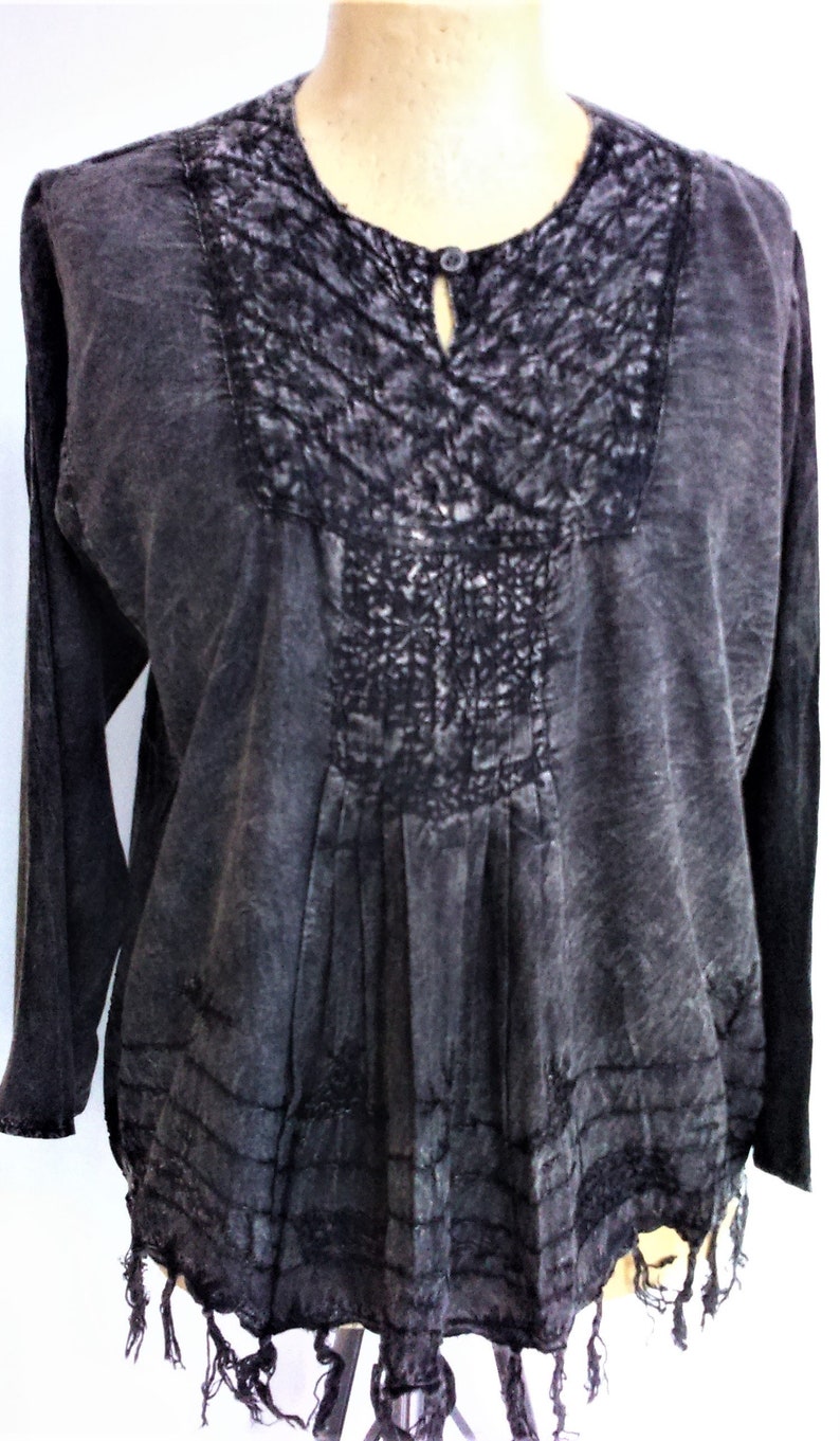 BRAND NEW Vintage Fringed Tunic top 5 Colours Embroidered Yolk UK Size 10 12 14 16 18 Black Brown Acid Wash Charcoal Denim Tan Navy Blue
