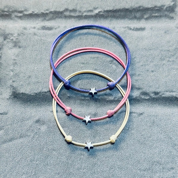 Waxed Cord Bracelet Set, Silver Star Charm, Dainty Friendship Gift, Adjustable Anklet