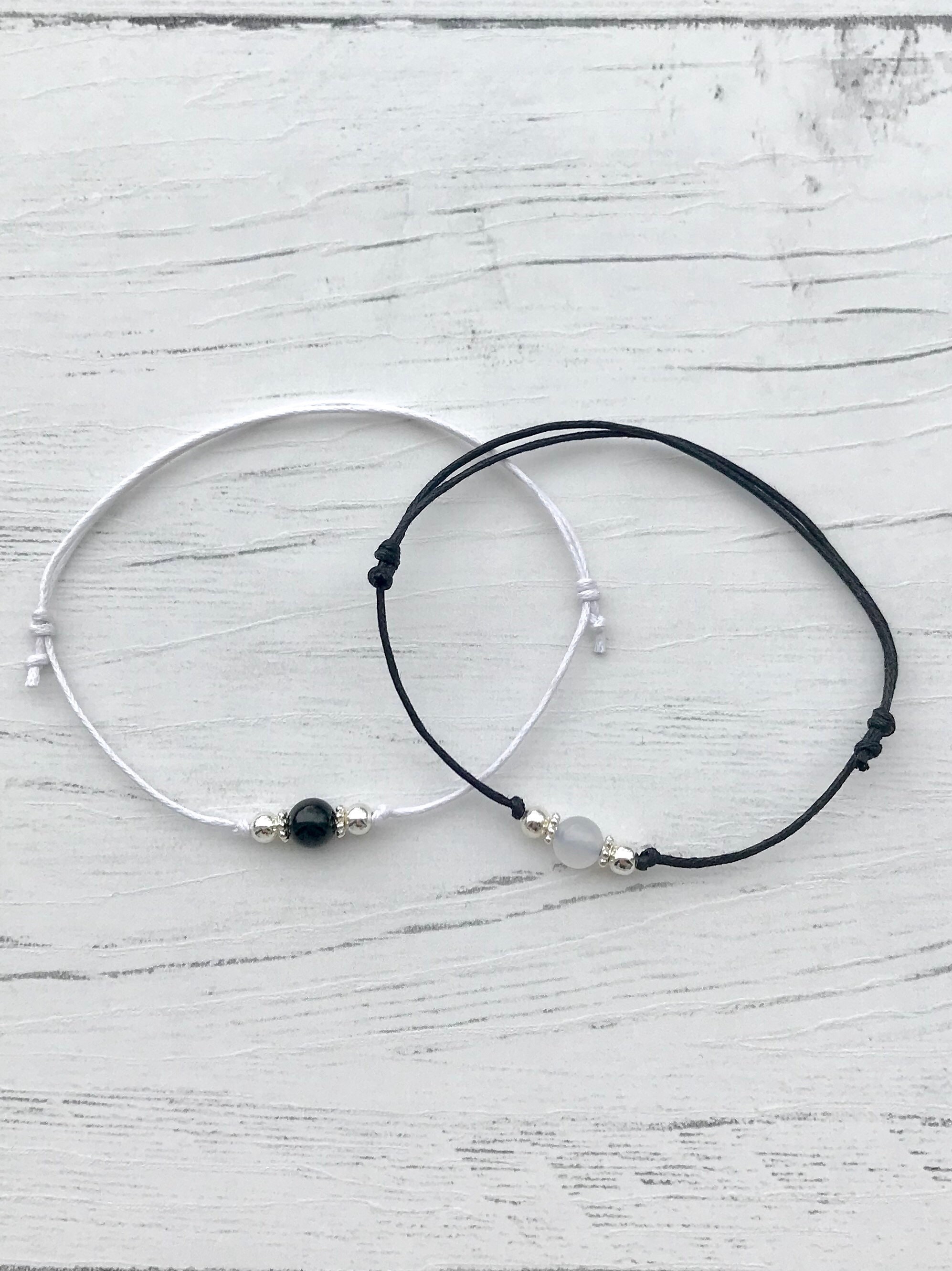 Matching Couple Bracelets - Natural Black Agate & Rose Quartz Stone, Adjustable Cord - View #6