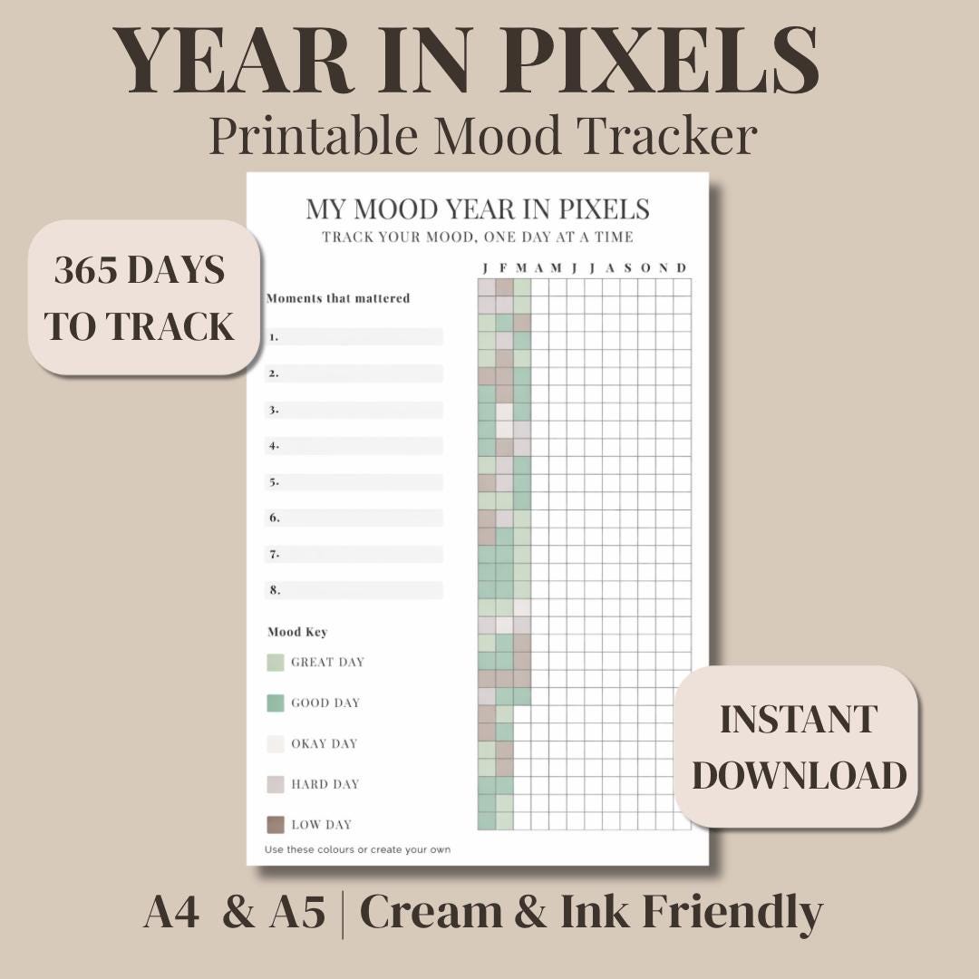 Year in Pixels Mood Tracker Printable: Habit, Mental Health Journal ...