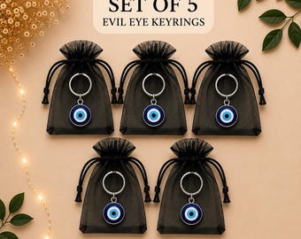 Set of 5 Evil Eye Keyrings, Nazar Boncuk, Good Luck Gift, Turkish Protection Symbol, Wedding Favours, Organza Bags