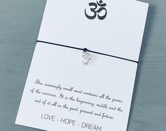 Silver Om Charm Bracelet: Adjustable Wax Cord, Yoga Jewelry