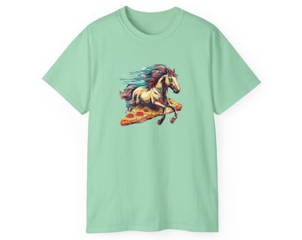 風変わりな馬のピザグラフィックTシャツ、面白い動物のシャツ