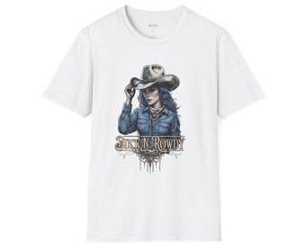 カウガールグラフィックTシャツ、ウエスタンホース、バックアンドロウディTシャツ