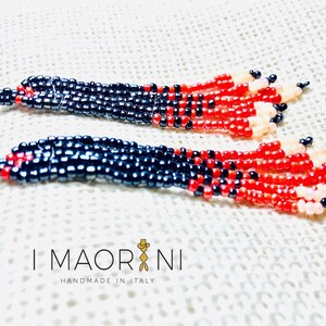 Fringe long earrings beaded red and blue