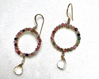 Earrings pendant multicolor tourmaline and drop citrine quartz