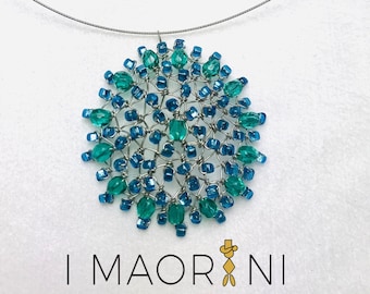 Steel necklace with green and blue crystal round pendant