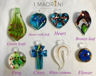 Glass pendant necklace with Heart, Flower, Heart with fish, Bronze leaf, White comma