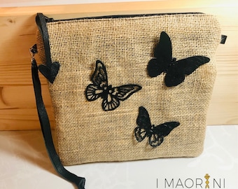 Jute makeup bag with black leather butterflies, Fabric Case,Handbag purse