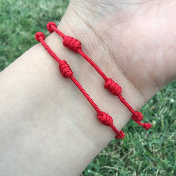 Red knotted bracelet, red string bracelet, adjustable bracelet, stackable bracelet, lucky bracelet, lucky knots, seven knots, 7 knots