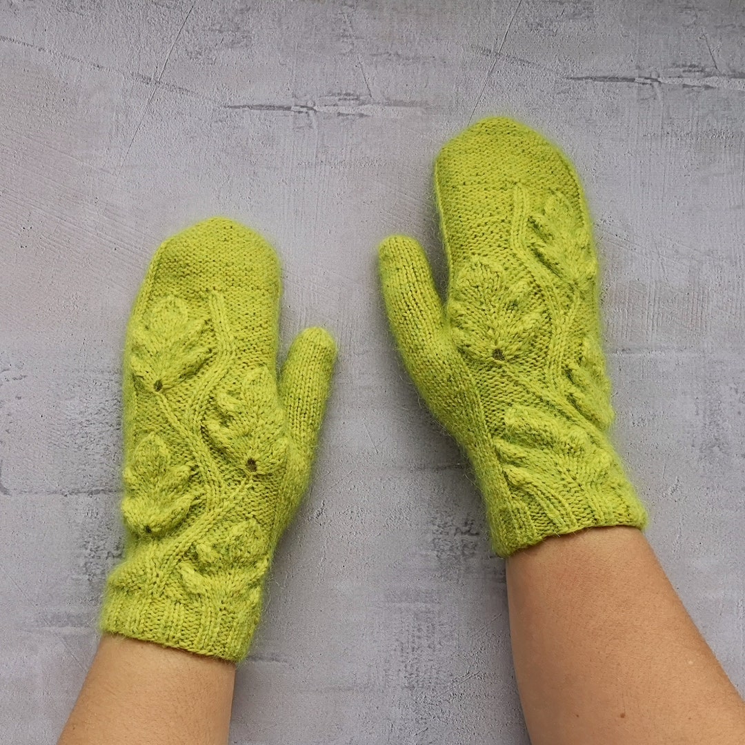 Wool Warm Mittens Bright Lime Mittens Oak Leaf Druid Design Etsy