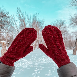 Tweed mittens, Warm  wool mittens, Christmas Red Mittens