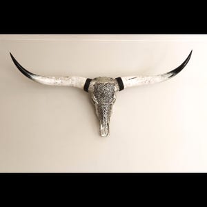 Longhornskull hand carved art object, steerskull with polished longhorns, Western Decor, Interior Decor, silver wallhanging piece of art
