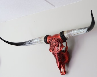 Walldecor real carved Longhornskull, steer skull in red metalic, art work skull with longhorns, Decorated Longhorn, unique Wall decor