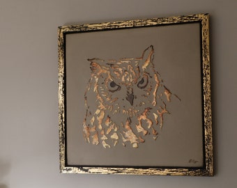 Owl painting, Painting made from wood, Wooden Owl in Gold, Embossed Owl in bronze gold, Home decor Owl, wall panel owl, Country style Decor