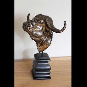 Könnte beinhalten: Eine goldbemalte Büffelkopfskulptur auf einem schwarzen Holzsockel. Die Skulptur ist detailliert und realistisch, mit einer strukturierten Oberfläche.