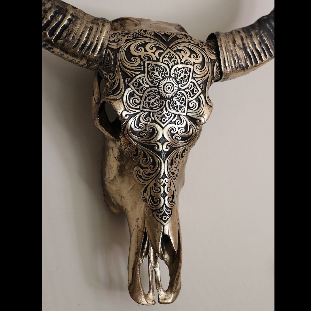 Decorated Real Buffaloskull, Real Skull and Horns, Orientic Mandala