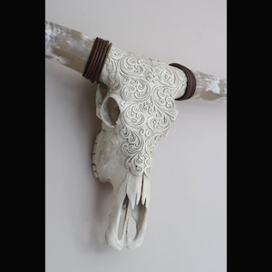 Decorated Buffaloskull with nicly fitted longhorns, hand decorated buffaloskull, Natural animal skull walldecor, real steerskull with horns.