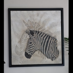 Painting, wall panel with Zebras, Zebra on a board in a embossment, Zebra mutliple embosments, Zebra painting framed, grantzebra handpainted