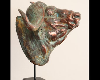Cape buffalo statue standing on beautiful pedestal, Resin African buffalo head, Buffalo statue in Copper effect, small buffalo head.