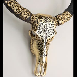 Decorated Buffalo Skull and horns in  gold, Real Skull with wall bracket, Unique style skull, animal skull wall decor, this is the original