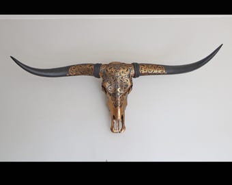Decorated real Buffaloskull with fitted decorated black longhorns, Asian inspired decor on skull, real animal skull wall decor in dark gold