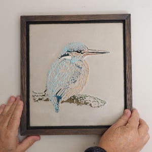 Painting with kingfisher in a relief made on wooden panel with frame, Kingfisher small wall panel, Kingfisher, Art Object for the wall