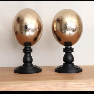 Paar struisvogel eieren op sokkel, verguld ei op voet, unieke set leeg gemaakte struisvogel eieren in bladgoud, goud ei op zwarte standaard.