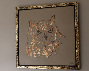 Owl painting, Painting made from wood, Wooden Owl in Gold, Embossed Owl in bronze gold, Home decor Owl, wall panel owl, Country style Decor