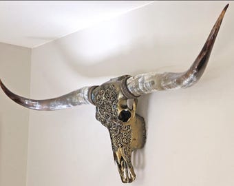 XXL longhhornskull, steerskull 180cm nice curved longhorns, carved cowskull,  Western Decor, Mancave art, Interior Decor, bronze walldecor