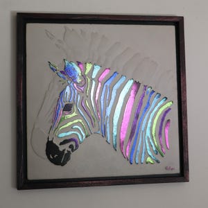 Painting on wood in Multicolor metallics, Board from wood, Wooden embossed Zebra , Zebra Wall Art, Safari Art, Painted Zebra on wooden panel