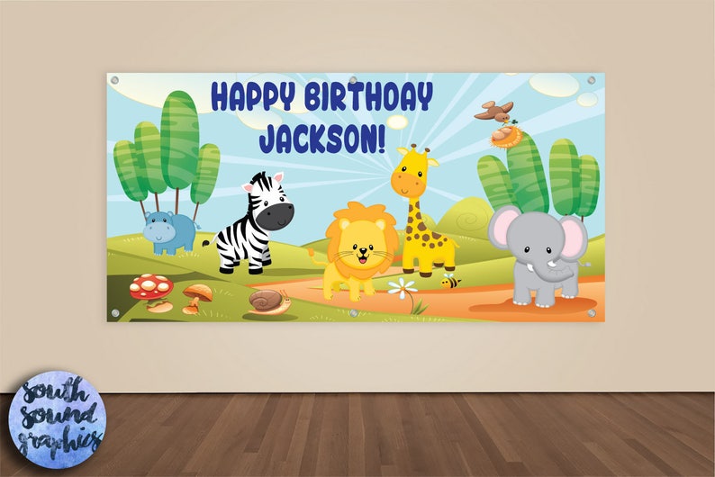 Jungle Animals Photo Backdrop Elephant Lion Zebra Birthday Vinyl Backdrop Safari Happy Birthday Banner Sign Zoo Birthday Banner