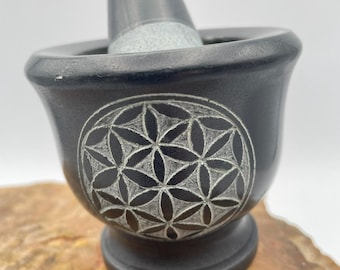 Flower of Life – Black Soapstone Mortar & Pestle | 2.75" High