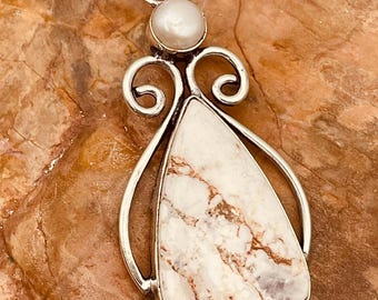 Wild Horse Jasper & Pearl Pendant – 925 Silver – 2.2 Inches – Organza Bag