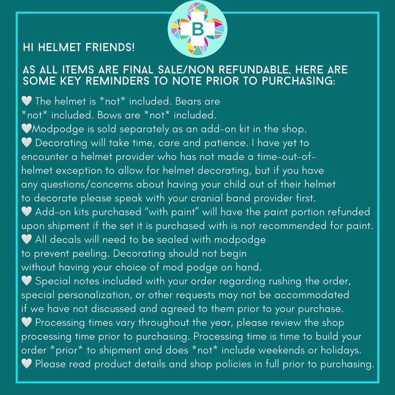 Puede incluir: Un fondo verde azulado con texto blanco que destaca informaci&oacute;n importante para los clientes que compran cascos. El texto incluye las frases "HI HELMET FRIENDS!" y "AS ALL ITEMS ARE FINAL SALE/NON REFUNDABLE, HERE ARE SOME KEY REMINDERS TO NOTE PRIOR TO PURCHASING:"