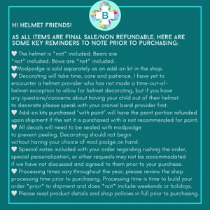 May include: A teal green background with white text outlining important information for customers purchasing helmets. The text includes the phrase "HI HELMET FRIENDS!" and "AS ALL ITEMS ARE FINAL SALE/NON REFUNDABLE, HERE ARE SOME KEY REMINDERS TO NOTE PRIOR TO PURCHASING:"