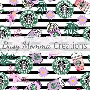 Może przedstawiać: Wzór bez szwów z czarno-białym paskowanym tłem z różowymi i zielonymi kubkami do kawy, kwiatami i logo Starbucks. Tekst "Busy Momma Creations" znajduje się w środku obrazu.