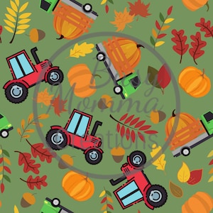 Peut inclure: Un motif sans couture représentant des tracteurs rouges, des camions verts, des citrouilles orange et des feuilles d'automne sur un fond vert.