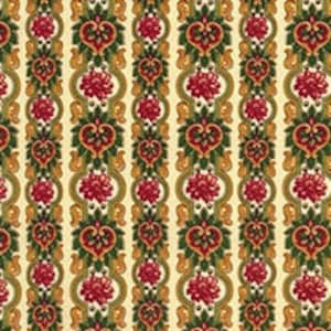 May include: A white fabric with a repeating pattern of green, red, and gold floral motifs. The pattern features vertical stripes with a heart-shaped design.