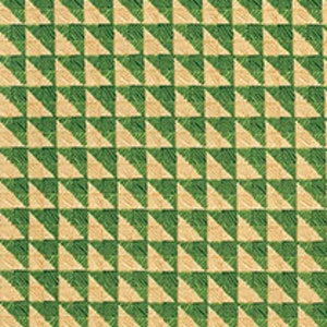 May include: A green and beige fabric with a repeating pattern of small triangles. The fabric has a textured surface.