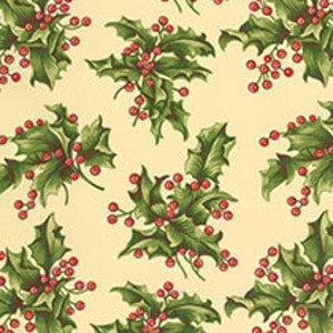 May include: A repeating pattern of green holly leaves and red berries on a cream-colored background. The design is a classic Christmas motif, suitable for fabric or wallpaper. The leaves have detailed shading, and the berries are small and round.