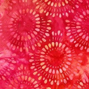 May include: Red fabric with a repeating pattern of white stylized sunbursts.