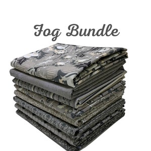 May include: A stack of ten fabric squares in various shades of gray with different patterns, including floral, geometric, and stripes. The fabric squares are labeled "Fog Bundle".