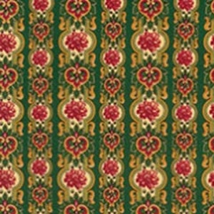 May include: Green fabric with a repeating pattern of red flowers, gold hearts, and gold swirls. The fabric has a vertical stripe design.