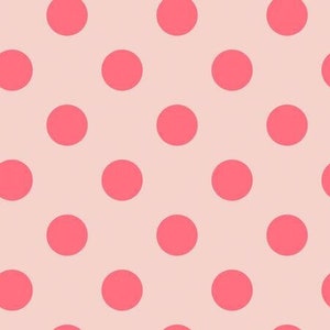 May include: A seamless pattern of pink polka dots on a light pink background.