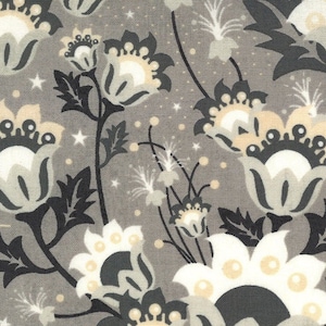 May include: A gray floral fabric with a repeating pattern of stylized flowers in white, black, and light beige. The design includes star and sunburst accents, creating a vintage aesthetic. The fabric has a subtle striped background.