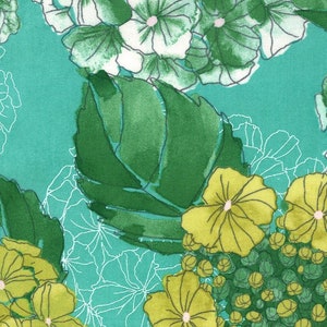 May include: A close-up of a fabric with a floral pattern. The design features green and yellow hydrangea blooms and leaves against a teal background. White outlines of flowers are also visible.