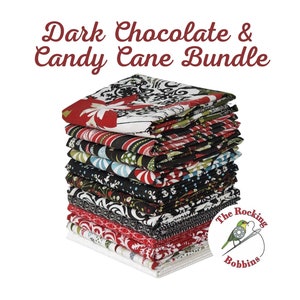 May include: A stack of 12 fabric squares in a variety of black, white, red, and green patterns. The fabric squares are arranged in a stack, with the top square being a red and white floral pattern. The fabric squares are labeled "Dark Chocolate & Candy Cane Bundle".