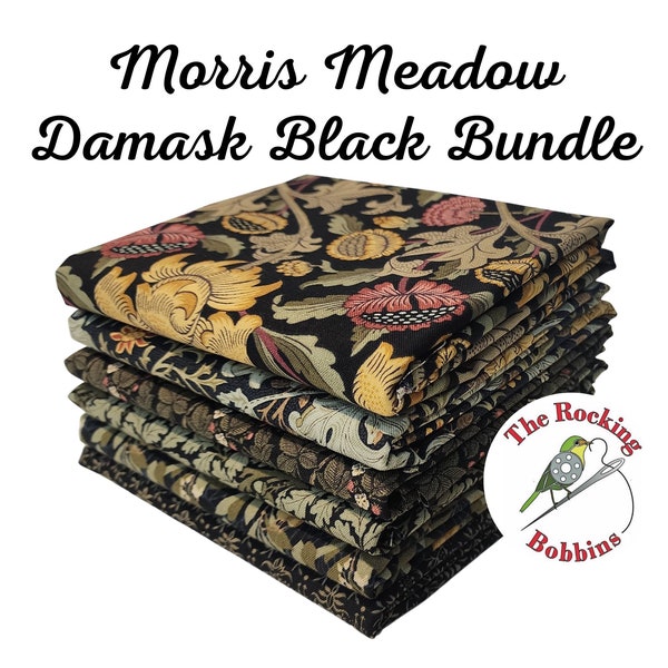 Morris Meadow, Damask Black Bundle of 6 pre-cut prints, by Barbara Brackman for Moda Fabrics, (1/4 yards, 1/2 yards and FQ Available)