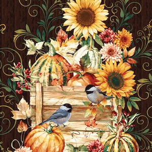 May include: A brown wooden crate filled with pumpkins, gourds, and sunflowers. Two bluebirds are perched on the edge of the crate. The background is a dark brown woodgrain with a floral design.